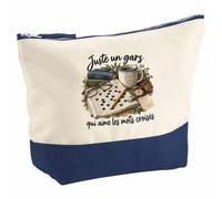 Pochette Grand Format Juste Un Gars Qui Aime Les Mots croisés | Coton Bicolore 5 L 33 × 23 cm Zip Métal | Trousse de Toilette Vanity Maquillage Voyage | Idée Cadeau Cruciverbiste Noël Départ