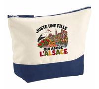 Pochette Grand Format Juste Une Fille Qui Adore l'Alsace | Coton Bicolore 5 L 33 × 23 cm Zip Métal | Trousse de Toilette Vanity Maquillage Voyage | Cadeau Alsacienne Femme Anniversaire