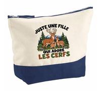 Pochette Grand Format Juste Une Fille Qui Adore Les Cerfs | Coton Bicolore 5 L 33 × 23 cm Zip Métal | Trousse de Toilette Vanity Maquillage Voyage | Cadeau Amoureuse des Animaux Femme Anniversaire