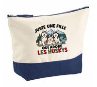 Pochette Grand Format Juste Une Fille Qui Adore Les huskys | Coton Bicolore 5 L 33 × 23 cm Zip Métal | Trousse de Toilette Vanity Maquillage Voyage | Cadeau Maman de Chien Femme Anniversaire