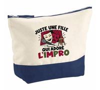 Pochette Grand Format Juste Une Fille Qui Adore l'impro | Coton Bicolore 5 L 33 × 23 cm Zip Métal | Trousse de Toilette Vanity Maquillage Voyage | Cadeau Comédienne Femme Anniversaire