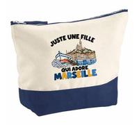 Pochette Grand Format Juste Une Fille Qui Adore Marseille | Coton Bicolore 5 L 33 × 23 cm Zip Métal | Trousse de Toilette Vanity Maquillage Voyage | Cadeau Marseillaise Femme Anniversaire