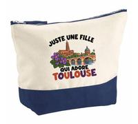 Pochette Grand Format Juste Une Fille Qui Adore Toulouse | Coton Bicolore 5 L 33 × 23 cm Zip Métal | Trousse de Toilette Vanity Maquillage Voyage | Cadeau Toulousaine Femme Anniversaire
