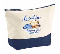 Pochette Grand Format La Couture, Toujours Une Bonne idée | Coton Bicolore 5 L 33 × 23 cm Zip Métal | Trousse de Toilette Vanity Maquillage Voyage | Cadeau Couturier Couturière Femme Anniversaire