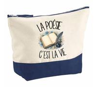 Pochette Grand Format La poésie C'est la Vie | Coton Bicolore 5 L 33 × 23 cm Zip Métal | Trousse de Toilette Vanity Maquillage Voyage | Cadeau Poète Poétesse Femme Anniversaire