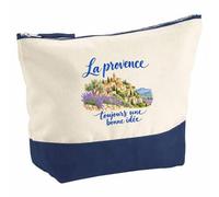 Pochette Grand Format La Provence, Toujours Une Bonne idée | Coton Bicolore 5 L 33 × 23 cm Zip Métal | Trousse de Toilette Vanity Maquillage Voyage | Cadeau Provençal Provençale Femme Anniversaire