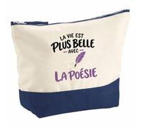 Pochette Grand Format La Vie est Plus Belle avec la poésie | modèle 2 | Coton Bicolore 5 L 33 × 23 cm Zip Métal | Trousse de Toilette Vanity Maquillage Voyage | Idée Cadeau Poète Poétesse Noël Départ