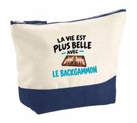 Pochette Grand Format La Vie est Plus Belle avec Le Backgammon | Coton Bicolore 5 L 33 × 23 cm Zip Métal | Trousse de Toilette Vanity Maquillage Voyage | Idée Cadeau Noël Départ
