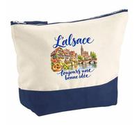 Pochette Grand Format L'Alsace, Toujours Une Bonne idée | Coton Bicolore 5 L 33 × 23 cm Zip Métal | Trousse de Toilette Vanity Maquillage Voyage | Cadeau Alsacien Alsacienne Femme Anniversaire