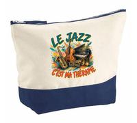 Pochette Grand Format Le Jazz C'est ma thérapie | Coton Bicolore 5 L 33 × 23 cm Zip Métal | Trousse de Toilette Vanity Maquillage Voyage | Cadeau Femme Anniversaire