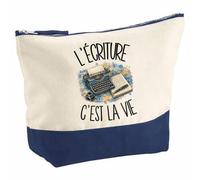 Pochette Grand Format L'écriture C'est la Vie | Coton Bicolore 5 L 33 × 23 cm Zip Métal | Trousse de Toilette Vanity Maquillage Voyage | Cadeau Écrivain Écrivaine Femme Anniversaire