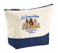 Pochette Grand Format Les bergers Belges, Mon Animal Totem | Coton Bicolore 5 L 33 × 23 cm Zip Métal | Trousse de Toilette Vanity Maquillage Voyage | Cadeau Propriétaire de Chien Femme Anniversaire