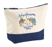 Pochette Grand Format Les bergers Blancs suisses, Mon Animal Totem | Coton Bicolore 5 L 33 × 23 cm Zip Métal | Trousse de Toilette Vanity Maquillage Voyage