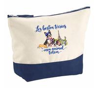 Pochette Grand Format Les Boston Terriers, Mon Animal Totem | Coton Bicolore 5 L 33 × 23 cm Zip Métal | Trousse de Toilette Vanity Maquillage Voyage | Cadeau Propriétaire de Chien Femme Anniversaire