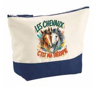 Pochette Grand Format Les Chevaux C'est ma thérapie | Coton Bicolore 5 L 33 × 23 cm Zip Métal | Trousse de Toilette Vanity Maquillage Voyage | Cadeau Femme Anniversaire