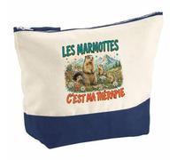 Pochette Grand Format Les marmottes C'est ma thérapie | Coton Bicolore 5 L 33 × 23 cm Zip Métal | Trousse de Toilette Vanity Maquillage Voyage | Cadeau Femme Anniversaire