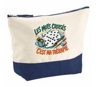 Pochette Grand Format Les Mots croisés C'est ma thérapie | Coton Bicolore 5 L 33 × 23 cm Zip Métal | Trousse de Toilette Vanity Maquillage Voyage | Cadeau Femme Anniversaire