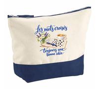 Pochette Grand Format Les Mots croisés, Toujours Une Bonne idée | Coton Bicolore 5 L 33 × 23 cm Zip Métal | Trousse de Toilette Vanity Maquillage Voyage | Cadeau Cruciverbiste Femme Anniversaire