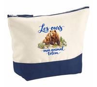 Pochette Grand Format Les Ours, Mon Animal Totem | Coton Bicolore 5 L 33 × 23 cm Zip Métal | Trousse de Toilette Vanity Maquillage Voyage | Cadeau Amoureux et Amoureuse des Animaux Femme Anniversaire