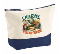 Pochette Grand Format L'histoire C'est ma thérapie | Coton Bicolore 5 L 33 × 23 cm Zip Métal | Trousse de Toilette Vanity Maquillage Voyage | Cadeau Femme Anniversaire
