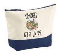 Pochette Grand Format Limoges c’est la Vie | Coton Bicolore 5 L 33 × 23 cm Zip Métal | Trousse de Toilette Vanity Maquillage Voyage | Cadeau Limougeaud Limougeaude Femme Anniversaire