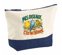 Pochette Grand Format Mes Oiseaux C'est ma thérapie | Coton Bicolore 5 L 33 × 23 cm Zip Métal | Trousse de Toilette Vanity Maquillage Voyage | Cadeau Femme Anniversaire