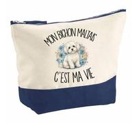 Pochette Grand Format Mon Bichon Maltais C'est ma Vie | Coton Bicolore 5 L 33 × 23 cm Zip Métal | Trousse de Toilette Vanity Maquillage Voyage | Cadeau Propriétaire Chien Femme Anniversaire