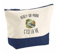 Pochette Grand Format Neuilly-sur-Marne c’est la Vie | Coton Bicolore 5 L 33 × 23 cm Zip Métal | Trousse de Toilette Vanity Maquillage Voyage | Cadeau Nocéen Nocéenne Femme Anniversaire
