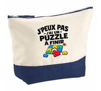 Pochette Grand Format Puzzle J'peux Pas | Coton Bicolore 5 L 33 × 23 cm Zip Métal | Trousse de Toilette Vanity Maquillage Voyage | Idée Cadeau Amateur et Amatrice de Puzzle Noël Départ