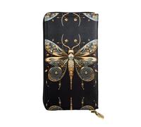 Pochette longue (19,1 x 10,4 cm) - Motif libellule dorée délicate sur fond noir - Fermeture éclair - Portefeuille en cuir avec plusieurs compartiments - Grande capacité - Cadeau idéal pour vos amis