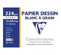 Clairefontaine 96156C - Pochette Dessin Scolaire - 12 Feuilles Papier Dessin Blanc à Grain - A4 21x29,7 cm 224g - Idéal pour les Arts Plastiques