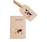 pochette passeport 2 pièces/ensemble couverture de passeport étiquette valise à bagages avec nom carte d'identité portefeuille en cuir PU Anti-perte accessoires voyage for les Couples vol(Khaki)