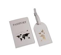 pochette passeport 2 pièces/ensemble couverture de passeport étiquette valise à bagages avec nom carte d'identité portefeuille en cuir PU Anti-perte accessoires voyage for les Couples vol(Grey)