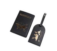 pochette passeport 2 pièces/ensemble couverture de passeport étiquette valise à bagages avec nom carte d'identité portefeuille en cuir PU Anti-perte accessoires voyage for les Couples vol(Black)