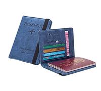 Pochette Passeport Cuir Artificiel, Pochette Passeport avec Etui Anti Rfid, Protege Passeport Francais Pochette, pour les Cartes de Crédit, les Passeports, L'Argent, les Cartes D'Embarquement (Bleu)