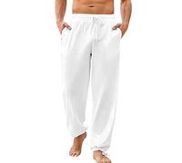 Pochette Permis De Chasse Pantalon décontracté à Lacets en Coton et Lin de Couleur Unie pour Hommes Portefeuille Hommes (White, XXL)