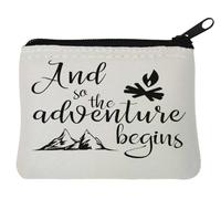 Pochette porte-monnaie en néoprène avec inscription « And So The Adventure Begins Camp Fire » - Blanc - 10 x 11 cm