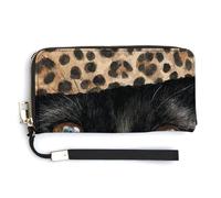 Pochette portefeuille longue à deux volets en cuir PU à motif chat noir caché derrière des rayures léopard, porte-monnaie, étui pour cartes de crédit, porte-cartes résistant pour femmes et hommes