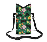 Pochette pour téléphone portable en néoprène avec bandoulière ajustable, fermeture auto-agrippante, 10 x 20 cm, motif chat noir et fleurs