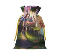 Pochettes à cordon de serrage avec imprimé château magique de conte de fées pour cadeaux, sacs cadeaux réutilisables en tissu, pour les vacances et les cadeaux de fête