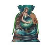 Pochettes avec cordon de serrage imprimé sirène conte de fées pour cadeaux, sacs cadeaux en tissu réutilisables, pour les vacances et les cadeaux de fête