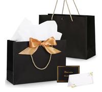 Pochettes Cadeaux Papier 28x20x10CM 2PCS - Sac Cadeau avec Anse Noir | Pochette Cadeau Anniversaire avec 4 Cartes et 2 Mouchoirs pour Noël, les Anniversaires, Mariages, Fête，Femmes, Hommes