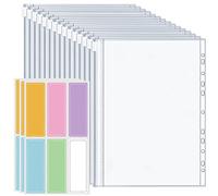 Pochettes Classeur A4, 15Pcs Pochette Plastique, 11 Trous Pochettes Transparentes Perforées avec 18 Autocollants, Imperméable Pochette avec Fermeture à Glissière pour Documents Carte Cahier