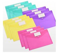 Pochettes plastiques A4 - Lot de 12 - Bouton pression - 4 couleurs - Grande capacité