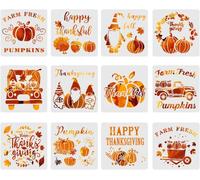 Pochoir Automne-12 Pièces Thanksgiving Pochoir Citrouille,Pour Le Jour De L'action De Grâce,Peinture Sur Bois,Loisirs Créatifs,Cartes,Toile(20x20cm)