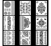 Pochoirs Bordure Fleurs ModèLe Mandala - Réutilisable pour Dessin Peinture Mur Plancher de Bois Meubles Carrelage Pierre Roche Décoration Intérieure Armoires, 21x28cm, 9pcs