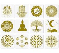 Pochoirs de Géométrie Sacrée, 12 Pochoirs de Yoga, Om Lotus Sacré Chakra Fleur de Vie Mandala Hamsa Main Soleil Lune Symboles Spirituels Pochoirs de Méditation pour la peinture sur bois 25x25cm