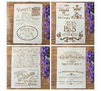 Pochoirs Peinture sur Bois, 4pcs A4 29x21cm Vintage Mots Français Paris Pochoirs Réutilisables pour Peinture, Pochoirs pour Artisanat Réutilisable, Pochoir Mural