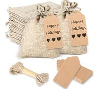 Pochon tissu,Sac toile de jute,Ensemble de 25 pièces avec étiquette, cordon de serrage et sacs cadeaux réutilisables, adapté pour les vacances, les mariages, les fêtes, les anniversaires