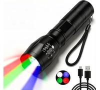 POCKETMAN Lampe de poche LED zoomable 4 couleurs en une (rouge, blanc, vert, bleu), lampe à main extrêmement lumineuse, rechargeable, 4 modes, multifonctionnelle pour l'extérieur, l'astronomie, la